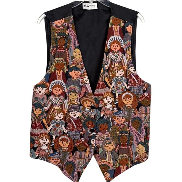 Vtg Facets Tapestry Vest Multicultural Child Motif 1X Grandmacore Teacher Style - Picture 1 of 8